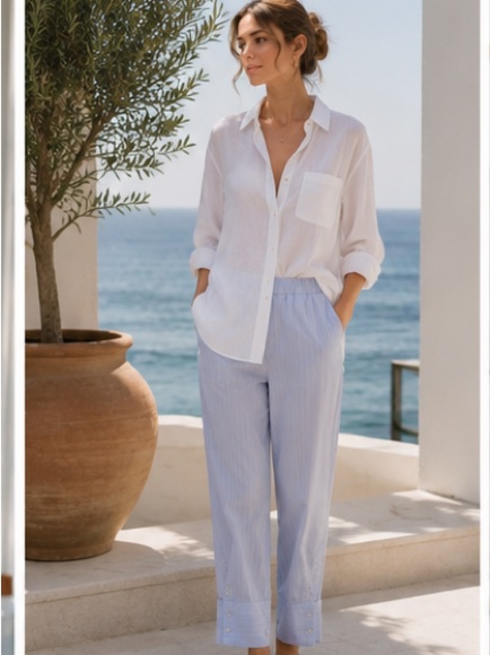 ZARA Light Blue Striped Pajama Pants ✨ Coastal Luxe Lounge Trousers Button Cuff